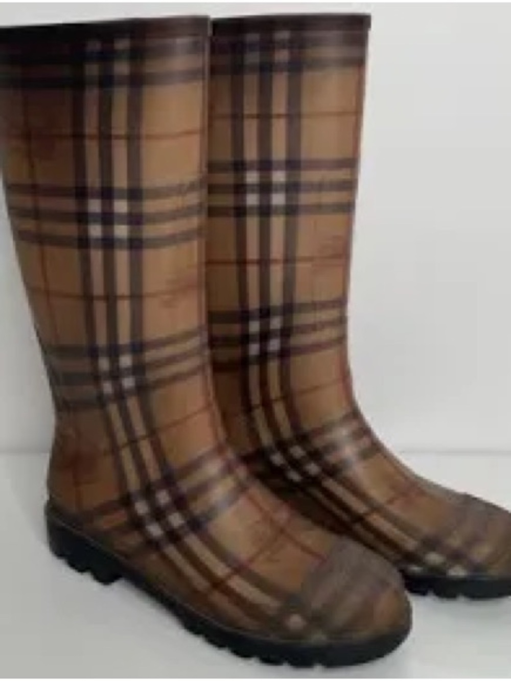 Burberry- Plaid Pattern Tall Rain Boots - Brown/Navy